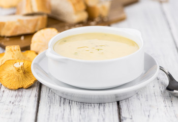 Creamy Chanterelle Soup close-up shot, selective focus