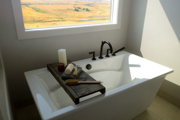 Modern bathroom and tub with nice window view