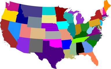 Colored map of the United States of America split into individual states. All continental states.