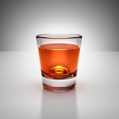 Single shot of whiskey glass drink on white Studio Light, 3D render
