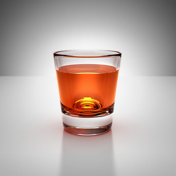 Single shot of whiskey glass drink on white Studio Light, 3D render