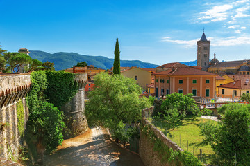 Top view of small town Sarzana, Italy, Liguria. View of the city from the fortress Firmafede located on hill. View from above of Sarzana Cathedral.