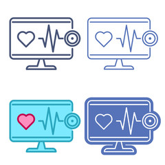 Desktop computer monitor with stethoscope and heartbeat symbol. Vector outline icon set. Telemedicine concept line pictograms. Thin contour infographic elements for web design, presentations, networks