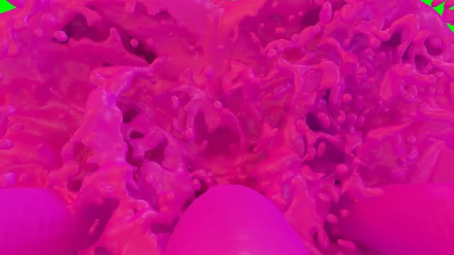 Animated pink or magenta paint pouring and splashing filling up whole container against green background. Three inflow sources. Top view shot.