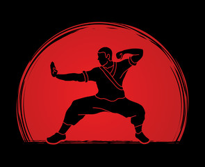 Fototapeta na wymiar Kung fu action ready to fight designed on sunlight graphic vector.
