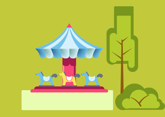 Amusement park attractions merry-go-round carousels vector flat design