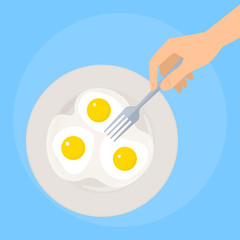 Human hand holds the fork. Concept illustration of male, female hand with cutlery and dish with scrambled eggs. Flat vector design elements.