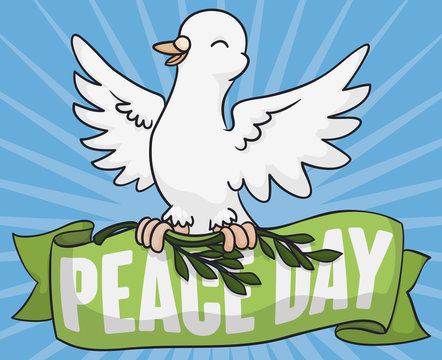 White Dove Holding Olive Branch and Ribbon for Peace Day, Vector Illustration