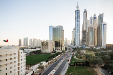 Cityscape with modern buildings and high-rise buildings in Dubai.
