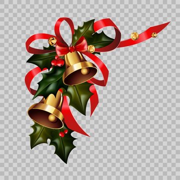 Christmas decoration gold bells on holly wreath bow vector isolated transparent background