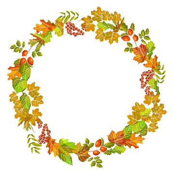 Autumn of fall leaf foliage wreath vector design template