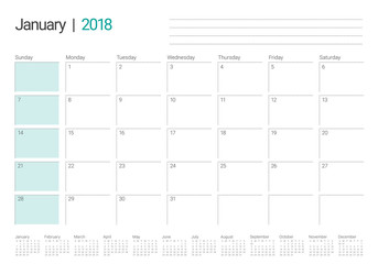 January 2018 calendar planner vector illustration