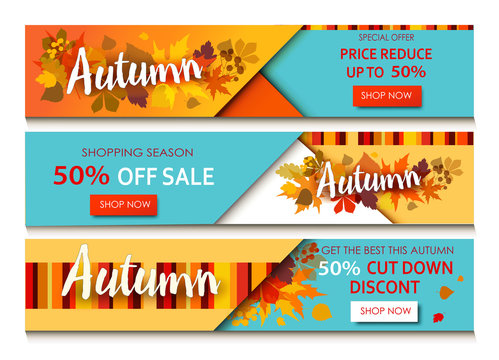 Autumn sale text banners for September shopping promo or 50 autumnal shop discount. Design decoration with maple, oak leaves, rowan berries in bright style