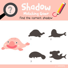 Shadow matching game of Happy pink Blobfish animals for preschool kids activity worksheet colorful version. Vector Illustration.