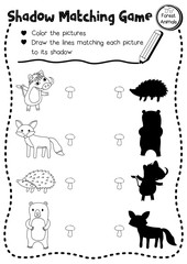 Shadow matching game of forest animals for preschool kids activity worksheet layout in A4 coloring printable version. Vector Illustration.