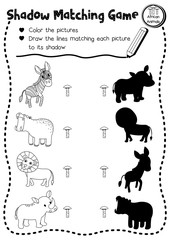 Shadow matching game of african animals for preschool kids activity worksheet layout in A4 coloring printable version. Vector Illustration.
