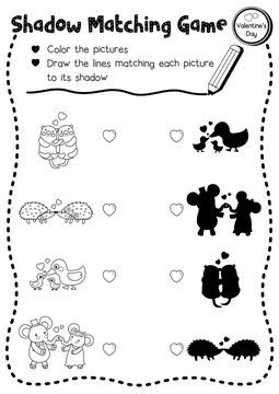 Shadow matching game of animals for preschool kids activity worksheet in Valentines Day theme coloring printable version layout in A4.