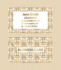 Two sided business card with golden, metallic decoration on white background.Vector template for business, invitation, wedding, banner , flyer or greeting cards.