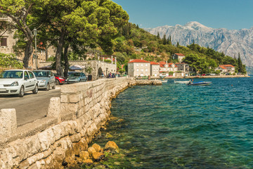 View of the embankment in the city of Perast in Kotor Bay, Montenegro.