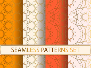 Set of seamless patterns in golden color on colorful backgrounds. Templates with luxury foil. Abstract, geometric, art deco pages for textile, wallpapers, tablecloth, curtain, packaging etc.
