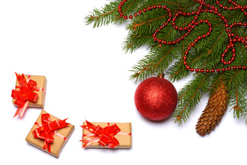 Christmas background. Top view with copy space. fir tree with cone and red ball isolated on white background