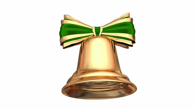Golden Christmas bells with green ribbons and bows 3D native 60 fps animation with alpha matte