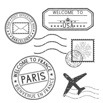 Set of black stamps. Postmarks and travel stamps- Welcome to France, Welcome to USA