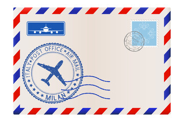 Envelope with MILAN stamp. International mail postage with postmark and stamps