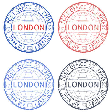 Colored postmarks LONDON. Express delivery, round ink stamps