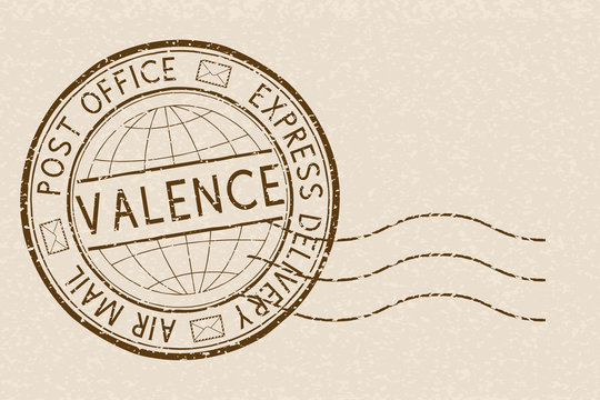 Postal stamp, round brown Express delivery postmark. VALENCE. Vector illustration on beige background