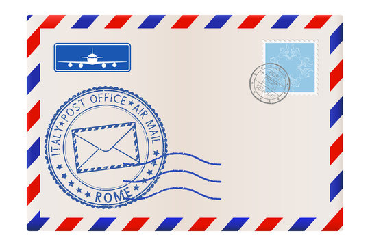 Envelope with ROME stamp. International mail postage with postmark and stamps