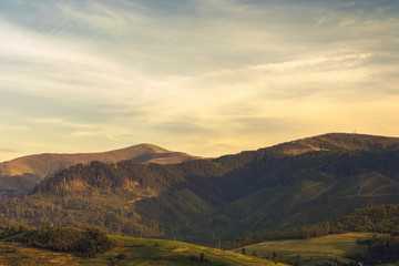 Golden sunset in mountains. Carpathians