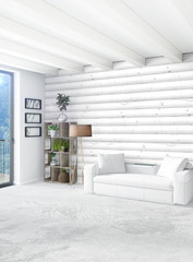 White bedroom minimal style Interior design with wood wall and grey sofa. 3D Rendering.