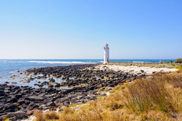 The Griffiths Island Lighthouse was built in 1859 as a navigation aid for Port Fairy, an important...