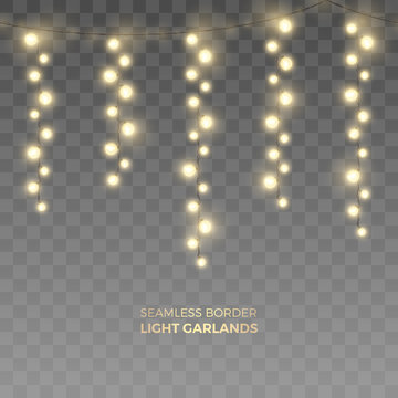 Vector seamless horizontal border of realistic yellow light garlands. Festive decoration with shiny Christmas lights. Vertically hanging glowing bulbs isolated on the transparent background.