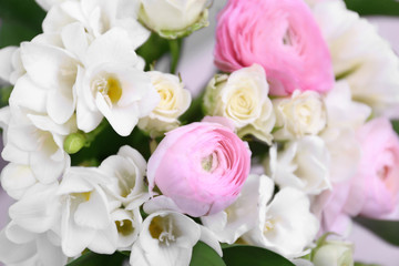 Obraz na płótnie Canvas Beautiful bouquet with white freesia flowers, closeup