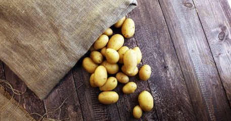 Pile of potatoes lying on wooden boards. Fresh potato