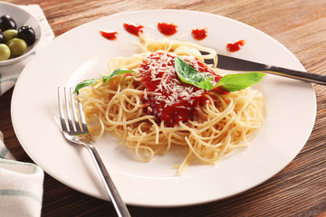 Delicious pasta with tomato sauce on plate