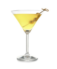 Glass of lemon drop martini with olives on white background