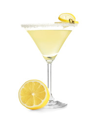 Glass of lemon drop martini with fruit on white background