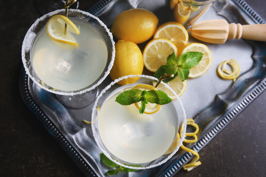 Glasses of lemon drop martini on metal tray
