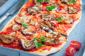 Vegetable pizza with eggplant, selective focus