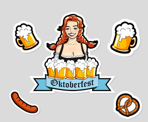 Vector illustration of waitress with mugs of beer. Oktoberfest stickers, logo.