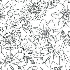 Floral seamless pattern with graphic black and white flowers. For textile, book covers, manufacturing, fabric, cloth design, wallpapers, print