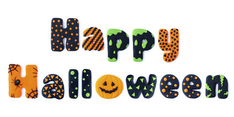 word letters Happy Halloween handmade polymer clay plasticine Isolated postcard	