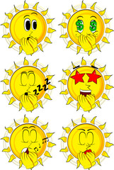 Cartoon sun with hands over mouth. Collection with various facial expressions. Vector set.