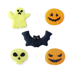 Set Halloween. Handmade. Plasticine. Pumpkin, bat, ghost, skull isolated on a white background