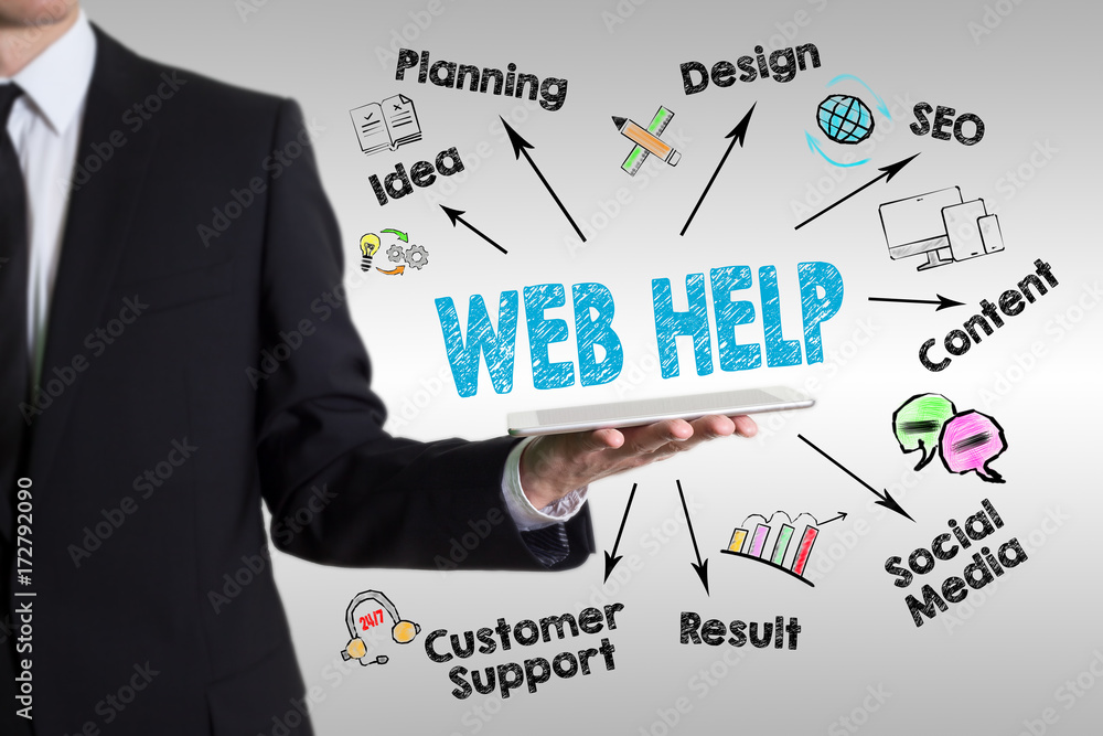Wall mural web help, website development concept. young man holding a tablet computer.