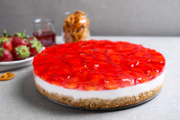 Delicious strawberry pretzel salad on table