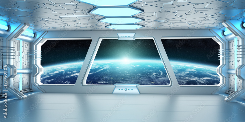 Poster Spaceship interior with view on the planet Earth 3D rendering elements of this image furnished by NASA